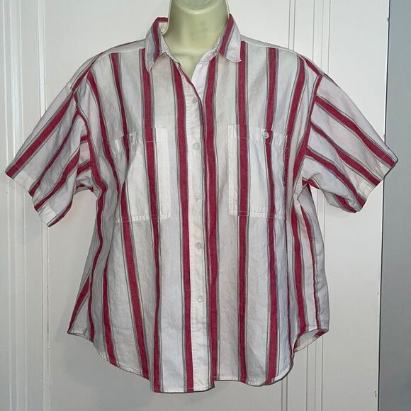 Vtg 80s Generalities Inc red & white vertical striped cotton shirt - Picture 1 of 7